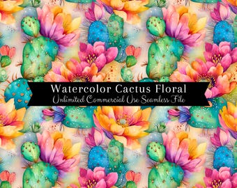 サボテンの花のシームレスなパターン | 水彩サボテンの花のデジタルペーパー | 水彩サボテンの繰り返しパターン | 水彩花のシームレスなパターン
