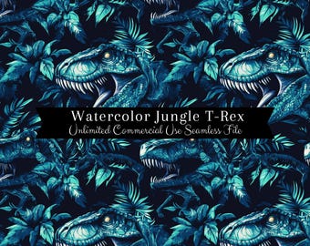 May include: Seamless pattern featuring watercolor illustrations of blue T-Rex dinosaurs and tropical leaves on a dark blue background. The text "Watercolor Jungle T-Rex Unlimited Commercial Use Seamless File" is displayed on a black banner.
