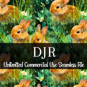 Op de afbeelding: Naadloos aquarelpatroon met meerdere bruine konijntjes te midden van weelderig groen gras en kleine witte bloemen. De afbeelding bevat de tekst "DJR Unlimited Commercial Use Seamless File".
