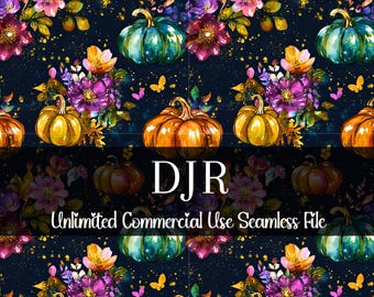 Watercolor Vibrant Floral Pumpkin Seamless Print | Pumpkin Pattern | Commercial Use Pattern | Repeating Print | Colorful Flower Pumpkins