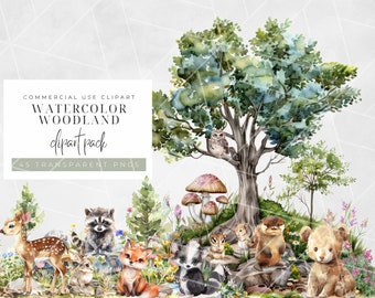 Bosdieren aquarel clipart | Bosdieren illustraties | Clipart babyshower | Schattige babydieren | Kinderkamerdecoratie | Berenvos Uil