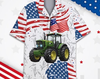 American Flag Tractor Hawaiian Shirt, Patriotic Farmer Button Up Shirt, USA Farm Tractor Print, 4th of July Shirt, Gift For Farmers