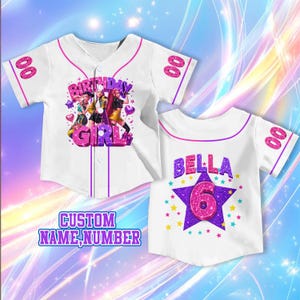May include: A white baseball jersey with pink trim, featuring a front graphic of three animated characters and the text "BIRTHDAY GIRL." The back displays the name "BELLA" above a large purple star containing the number "6" in pink glitter.