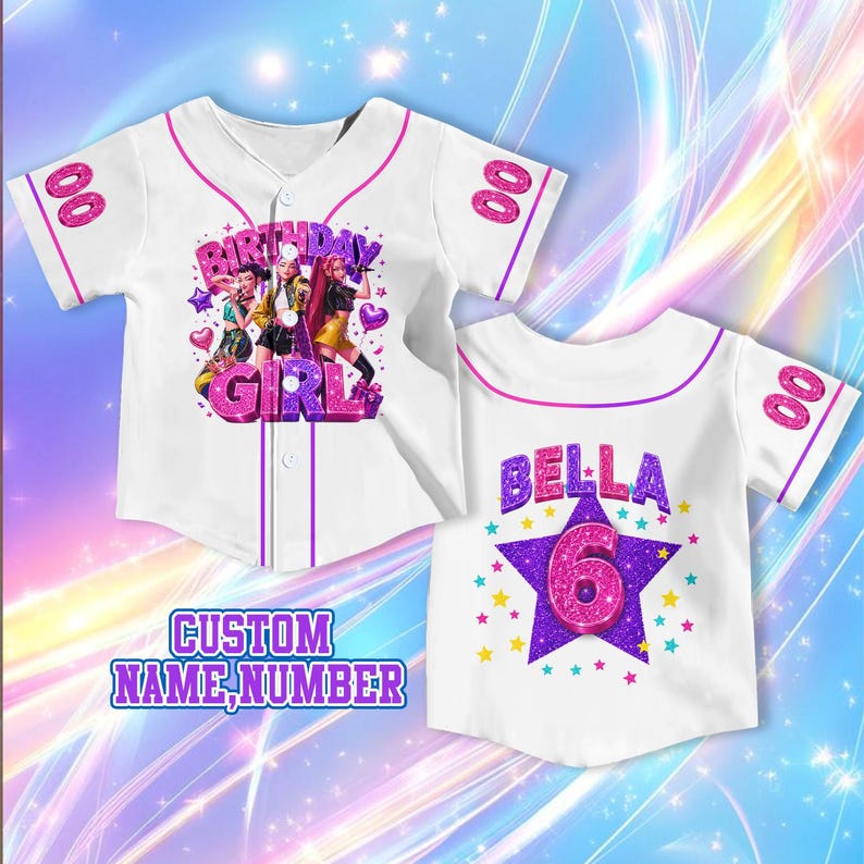 May include: A white baseball jersey with pink trim, featuring a front graphic of three animated characters and the text "BIRTHDAY GIRL." The back displays the name "BELLA" above a large purple star containing the number "6" in pink glitter.