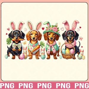 May include: Four dachshund dogs wearing bunny ears and holding Easter eggs. The dogs are wearing colorful outfits and are surrounded by Easter decorations.