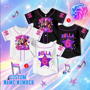 May include: Four short-sleeved button-down baseball jerseys in black and white. Two jerseys feature the text Birthday Girl with a graphic of three figures, and two feature the name Bella and the number 6 inside a purple star graphic.