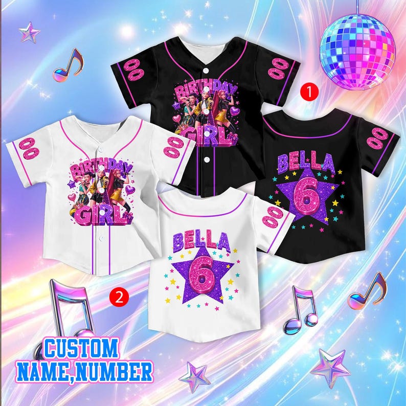 May include: Four short-sleeved button-down baseball jerseys in black and white. Two jerseys feature the text Birthday Girl with a graphic of three figures, and two feature the name Bella and the number 6 inside a purple star graphic.