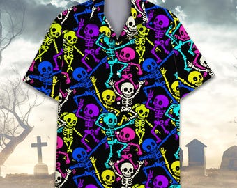 Glow Skeleton Hawaiian Shirt, Neon Skull Dance Aloha Shirt, Funny Halloween Party Shirt for Men Women Youth