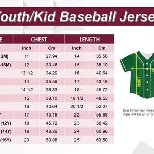 May include: A size chart for a youth baseball jersey with a maroon header titled Youth/Kid Baseball Jersey. The table lists sizes from 6M to Youth L with chest and length measurements in inches and cm. A green jersey graphic shows measurement points.