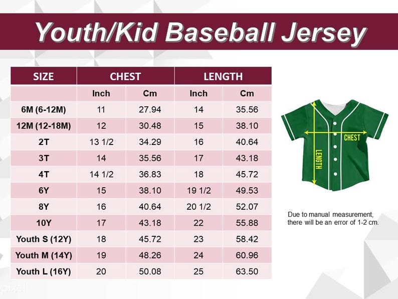 May include: A size chart for a youth baseball jersey with a maroon header titled Youth/Kid Baseball Jersey. The table lists sizes from 6M to Youth L with chest and length measurements in inches and cm. A green jersey graphic shows measurement points.