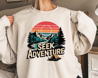 Camiseta "Busca aventuras", "Vacaciones", "Camping", "Senderismo", "Amantes de la naturaleza", "Aventuras", "Viajes", "Regalos de viaje"