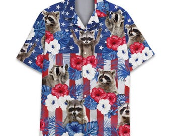 Raccoon Hawaiian Shirt, Patriotic USA Button Up Shirt, Red White Blue Animal Print, 4th of July Party Shirt, Gift For Animal Lovers
