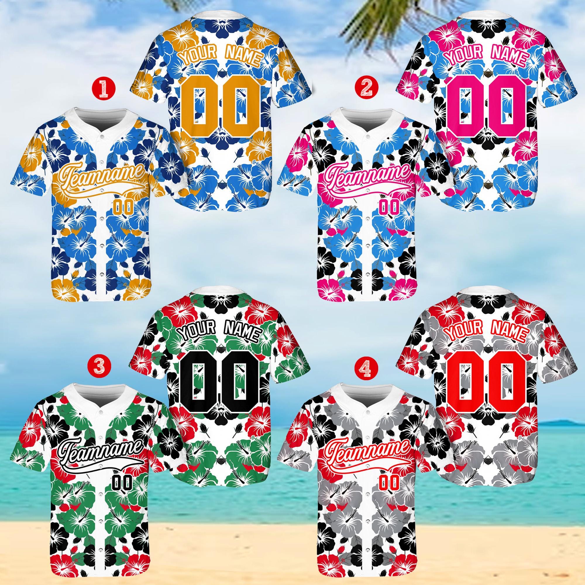 Custom Baseball Jersey, Hibiscus Flower Design, Personalized Name