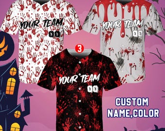 Custom horror baseballshirt, gepersonaliseerde jersey met naamkleur, Bloody handafdruk Blood Splatter shirt, Game Day-kleding Halloweencadeau