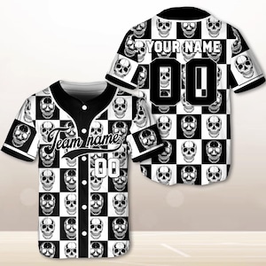 Schädel Schachbrett Baseball Jersey, individueller Name & Nummer, Gothic Punk Sport Shirt, personalisiertes Team Jersey, kantiges Streetwear Jersey