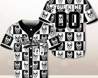 Skull Checkerboard Baseball Jersey, Custom Name & Number, Gothic Punk Sports Shirt, Personalized Team Jersey, Edgy Streetwear Jersey