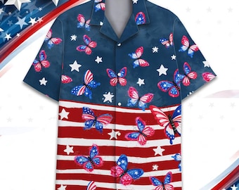 Camisa hawaiana con estampado de mariposas de EE. UU. para adultos y jóvenes, camisa hawaiana de manga corta con botones, color rojo, blanco y azul, atuendo patriótico de verano.