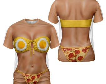 Camiseta divertida de bikini con pizza, camiseta con estampado de huevo frito, camiseta de comida de verano, camiseta de broma, camiseta de fiesta divertida, regalo de impresión 3D
