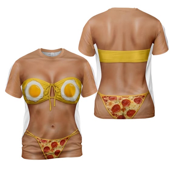 Funny Pizza Bikini T-Shirt, Fried Egg Bra Graphic Tee, Summer Food Shirt, Gag Gift Tee, Humorous Party Shirt, 3D Printing Gift