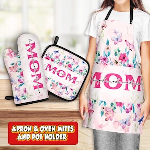Personalized Kitchen Apron Set, Custom Name Apron, Oven Mitts & Pot Holder, Baking Gift for Mom, Chef Gift, Housewarming Gift, Cooking Set