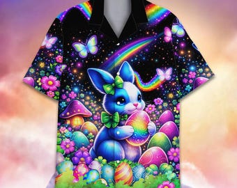 Easter Bunny Hawaiian Shirt for Adult Youth, Colorful Easter Party Button Up Shirt, Cute Rainbow Bunny Print, Spring Holiday Shirt