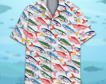 Fish Hawaiian Shirt for Men Women Youth, Colorful Fishing Aloha Shirt Button Down, Fisherman Summer Vacation Gift
