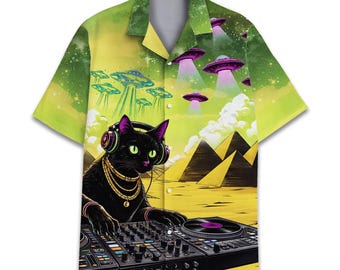 Camisa hawaiana unisex con diseño de gato DJ, camisa psicodélica de gato espacial, divertida camiseta con botones de gato extraterrestre OVNI, camisa para fiesta en festivales.