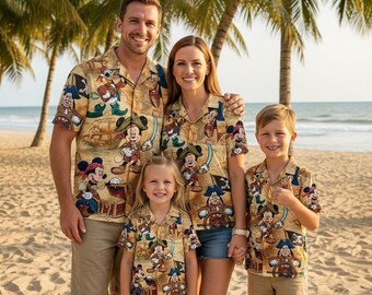 Pirate Mickey Hawaiian Shirt Men Women Youth, Treasure Island Aloha Shirt, Tropical Pirate Button Up, Family Vacation Beach Shirt