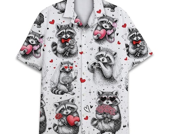 Funny Raccoon Valentine Shirt Unisex, Love Animal Hawaiian Shirt, Cute Heart Print Button Up, Couple Party Shirt, Valentine Gift Idea