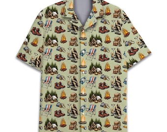 Funny Bigfoot Camping Hawaiian Shirt for Men Women, Outdoor Adventure Aloha Button Down Short Sleeve Shirt, Hiking Vacation Outfit