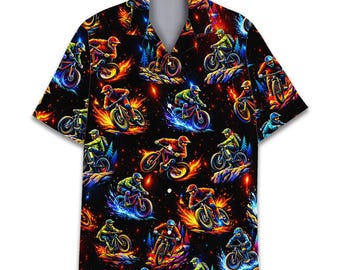 Neon Mountain Biking Hawaiian Shirt, MTB Rider Aloha Shirt for Men Women Youth, Downhill Bike Summer Vacation Shirt