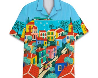 Mediterranean Village Hawaiian Shirt for Men Women Youth, Colorful Seaside Town Aloha Button Up Shirt, Summer Vacation Outfit