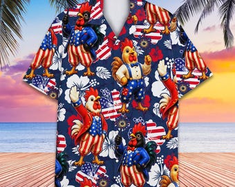 Funny Patriotic Chicken Hawaiian Shirt Men Women, 4th Of July Rooster Aloha Shirt, American Flag Beer Party Button Down Top
