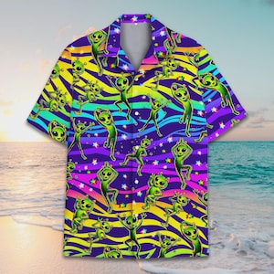 Trippy Alien Hawaiian Shirt, Funny Alien UFO Shirt, Space Cartoon Print Button Up, Sci-fi Theme Gift Shirt, Summer Vacation Outfit