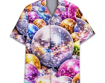 Disco Ball Hawaiian Shirt Unisex, Retro 70s 80s Mirror Ball Short Sleeve Button Down Shirt, Sparkly Festival Party Groovy Summer Beach Tops