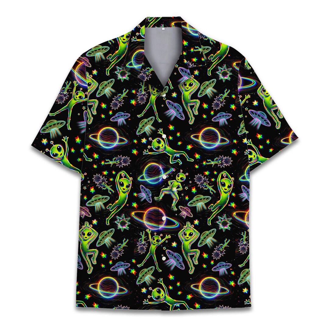 Alien Hawaiian Shirt, Neon Alien UFO Shirt, Space Galaxy Print Button ...