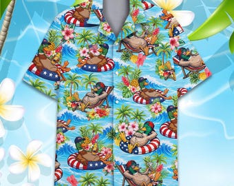 Patriotic Duck Hawaiian Shirt for Men Women Youth, Funny 4th of July Beach Duck Aloha Shirt, American Summer Vacation Gift