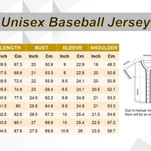 May include: A sizing chart for a unisex baseball jersey featuring a table with columns for size, length, bust, sleeve, and shoulder measurements in inches and centimetres, alongside a line drawing of a jersey with labels for measurement points.