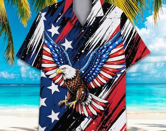Happy Fourth of July Hawaiian Shirt Adult Youth, Patriotic Aloha Shirt Button Up, USA Flag Party Shirt, Independence Day Top, Unisex Fits