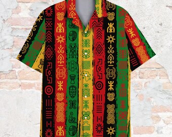 African Pattern Hawaiian Shirt for Men Women Youth, Tribal Symbol Button Up Shirt, Heritage Festival Gift
