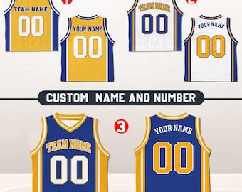 Aangepaste basketbaltrui, gepersonaliseerde teamnaam en -nummer, sporttanktop, outfit atletische wedstrijddag, aangepaste blauwe en gele truien