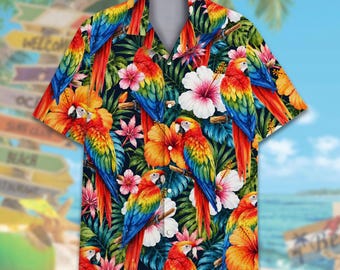 Macaw Parrot Hawaiian Shirt for Men Women Youth, Tropical Floral Aloha Shirt, Island Cocktail Button Down, Beach Party Shirt