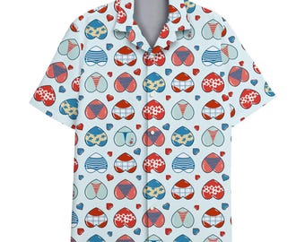 USA Heart Hawaiian Shirt for Men Women Youth, Red White Blue Love Button Down Top, Patriotic Party Shirt, Couple Shirt