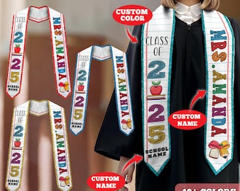 May include: Graduation sash with the text "Class of 2025" and "Mrs. Amanda", featuring an apple and school-themed graphics. The sash is customizable with a school name and available in over 10 colors.