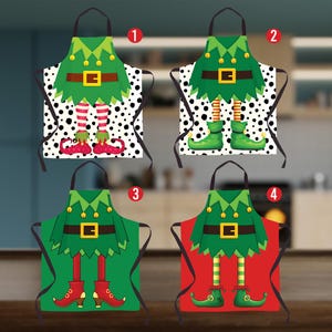May include: Four Christmas-themed aprons with elf designs. Each apron features a green top with a belt, and elf legs and feet. The backgrounds vary: black polka dots, green, and red. The aprons are designed for kitchen use.