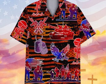 Patriotic Veteran Hawaiian Shirt Men Women, Soldier Tank Button Up Shirt, Veteran Memorial Gift 4th of July Shirt, Military Honor Outfit
