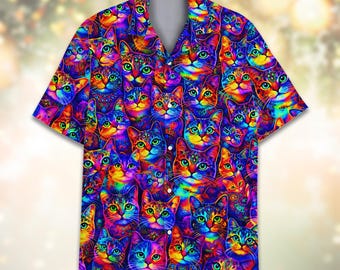 Colorful Psychedelic Cat Hawaiian Shirt Unisex, Trippy Cat Aloha Button Down Short Sleeve Shirt, Cat Lover Outfit