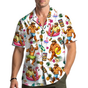 Camicia hawaiana tropicale Tiki da uomo, da donna e da ragazzo, divertente camicia con ananas e fenicottero Bigfoot, estiva a maniche corte con bottoni, camicia da vacanza