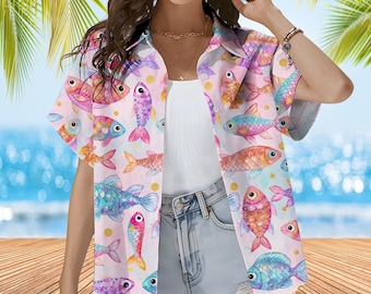 Colorful Fish Hawaiian Shirt For Women, Watercolor Ocean Button-Down Short Sleeve Shirt, Cute Sea Life Gifts