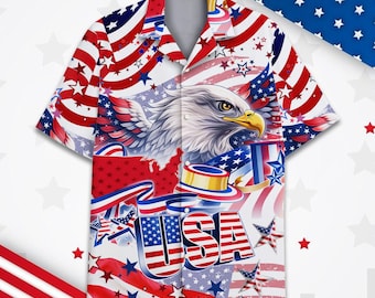 Camisa hawaiana unisex con águila de EE. UU., camisa con botones y bandera patriótica estadounidense, camisa del Día de la Independencia, regalo para patriotas.
